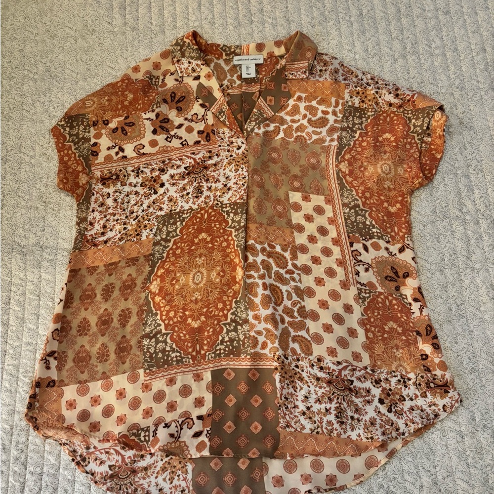 cupcakes & cashmere Patchwork Blouse in Brown and Cream